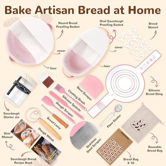 Sourdough Starter Kit, 9" Round and 10" Oval Banneton Bread Baking Supplies, Bread Making Tools Kit, Sourdough Proofing Basket, Sourdough Kit Gifts for Bakers Women Wife Mom