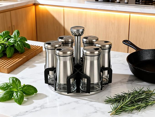 360° Rotating Spice Rack,Spice Rack Organizer for Cabinet - Includes 6pcs Glass Spice Jars and Labels,Spice Storage, Cooking, Outdoor BBQ,(Spices Not Included) (Modern)