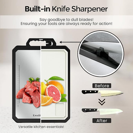 Double-sided Stainless steel cutting board with knife sharpener & stand -17x12" Stainless steel cutting boards for kitchen - Dishwasher Safe cutting boards,chopping board, large cutting board/PP
