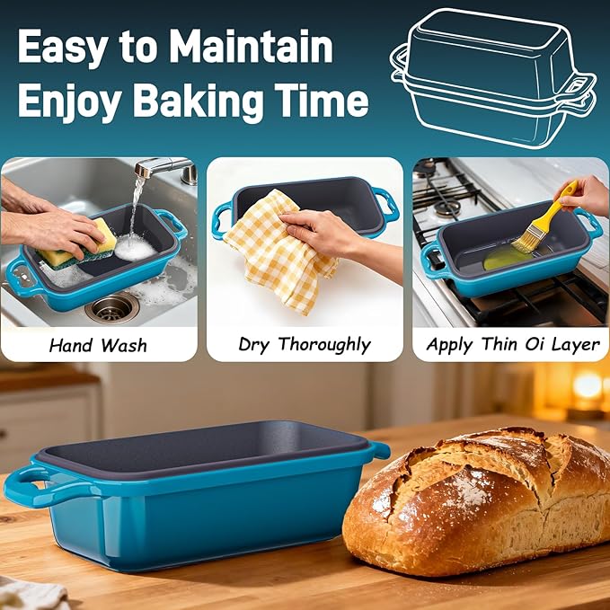 DYCYRQ Enameled Cast Iron Sourdough Bread Dutch Oven, 9x5 Inch Loaf Cast Iron Bread Pan for Homemade Bread Baking, Sourdough Baking Pans, Meatloaf Pan with Lid, 2 Piece set, Emerald