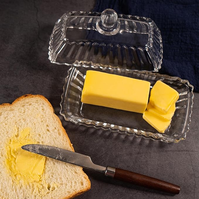 Clear Glass Butter Dish with Lid, Covered Butter Stick Holder Tray, Crystal Glass Butter Storage Container for Fridge Countertop