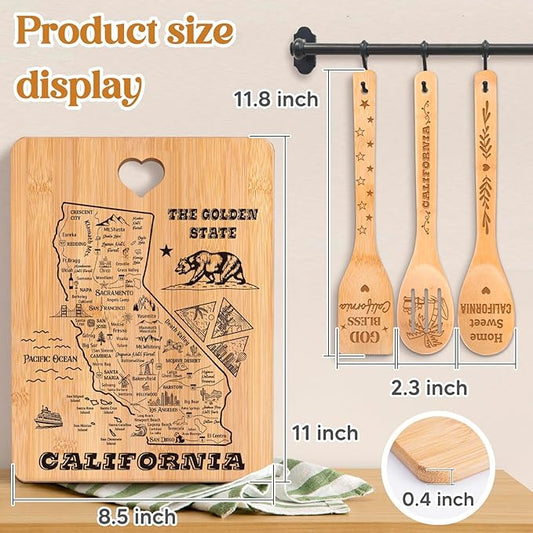 California State Cutting Board and Spoons Set, California Kitchen Decor with State Map Design, Charcuterie and Serving Board, Home Sweet California Theme Gifts for California Lovers.