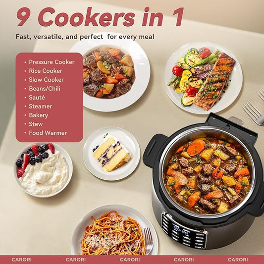 CARORI 9-in-1 Electric Pressure Cooker 6 Qt, Stainless Steel Inner Pot, Programmable 12 Multi-Function Cooker with Safe Vent Design, Rice Cook, Slow Cook, Sauté, Warmer & Sterilizer, Black