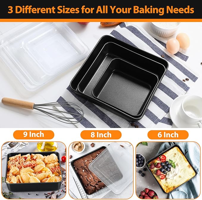 E-far 6/8/9-Inch Square Cake Pan with lid Set, Non-stick Square Baking Brownie Pans Bakeware Set of 3, Stainless Steel Core & Easy Clean - 6 Pieces(3 Pans + 3 Covers)