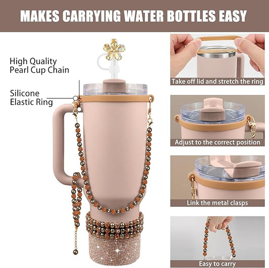 9PCS Brown of Stanley Cup Accessories Set 30/40 OZ Bling Pearl Rhinestones Charms for Stanley Decorations Tumbler Accessories Including Flower Straw Topper, Rhinestones Boot 30/40 OZ