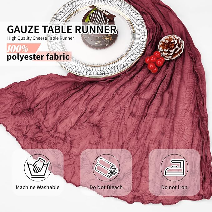 4 Pcs Burgundy Christmas Cheesecloth Table Runner 10Ft, Gauze Table Runners 21.5 x 120 inch, Semi Sheer Cheese Cloth Fabric Runner Bulk for Wedding,Party,Baby Shower,Bridal Shower