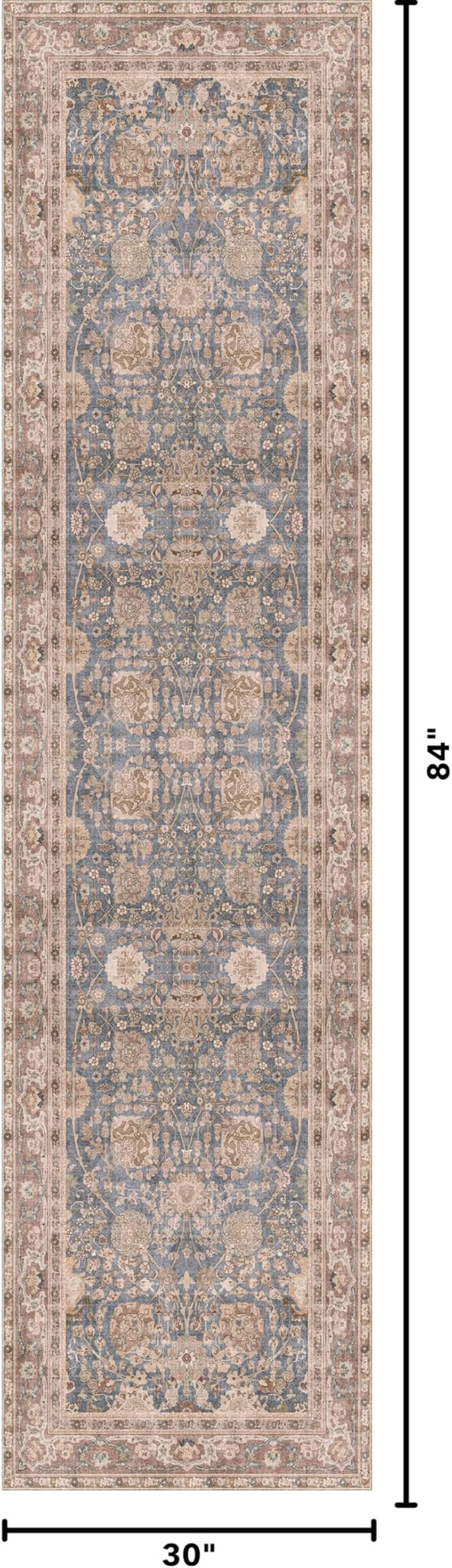 Kuden 2'6"x7' Runner Rug, Machine Washable Area Rug with Non-Slip Backing, Vintage Style, Soft, Easy Clean, Low Pile Rug for Hallway, Entryway, Kitchen, Bedroom