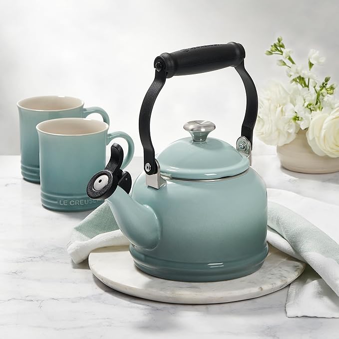 Le Creuset Enamel On Steel Demi Kettle with Metal Finishes & Stoneware Set of 2 Mugs, 1.25 qt. Kettle & (2) 14 oz. Mugs, Sea Salt