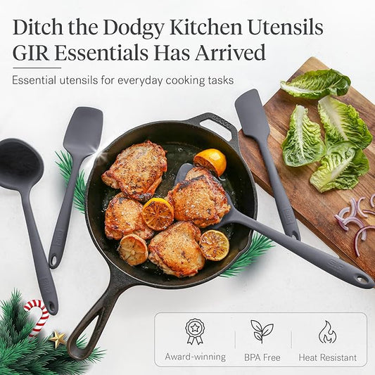 GIR: Get It Right 5 Piece Silicone Essentials Kitchen Utensils Set - Ladle, Spatula, Flip, Spoon & Spoonula - Non-Toxic Cooking Utensils for Nonstick Cookware, Cooking and Baking - Charcoal
