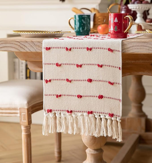 Caflife Christmas Valentines Table Runner 90 Inchs Long for Farmhouse Room Home Valentine's Day Decorations, Boho Red Table Runner, Natural Cotton Woven for Holiday Kitchen and Dining Table Decor