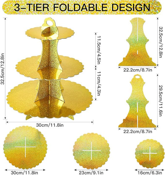 Soleebee 3-Tier Cupcake Stand, Cardboard Cupcake Tower, Dessert Cup Cake Stand Tower for Birthday Wedding Party Decoration, Cupcake Tier Stand 1 Set (Glitter Gold)
