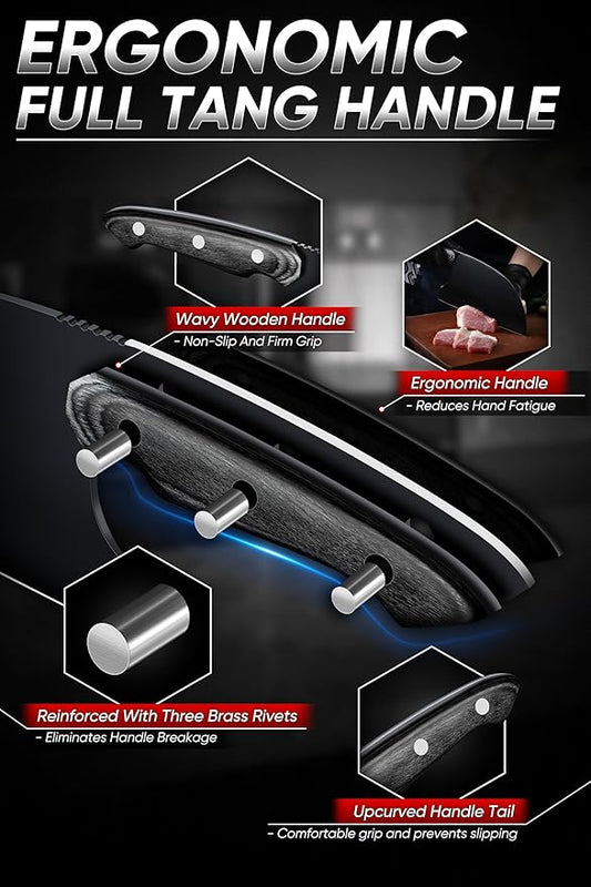 Dream Reach Chef Knife Set - 6PCS Hand Forged Black Butcher Knife Set for Meat Cutting, Serbian Cleavers with A Roll Bag for Kitchen Camping BBQ Outdoor, Birthday Mother Father Gift Idea