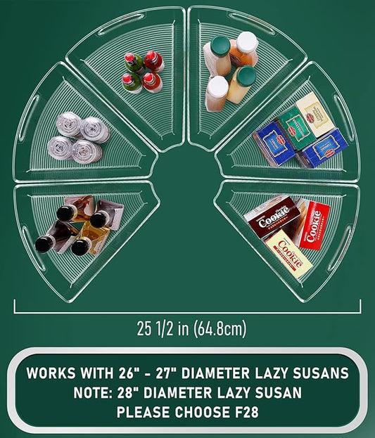 Lazy Susan Cabinet Organizer Bins for 26"/ 28"/ 32" Diameter Corner Organizer, Plastic Cabinet Storage Bin, 1/8 Wedge - Food Safe, BPA Free, with Non-Slip Pads (for 26" Diameter, 6 Pack)
