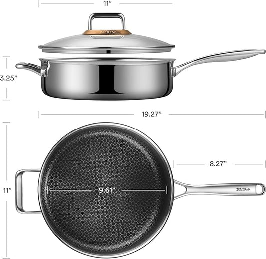 ZEROPAN Hybrid Nonstick 5-Quart Sauté Pan,Frying Pans Nonstick with Lid,Stay-Cool Handle,11 Inch Deep Frying Pan,PFAS PFOA PTFE Free,Dishwasher-Friendly,Oven-Safe,Compatible with All Cooktops