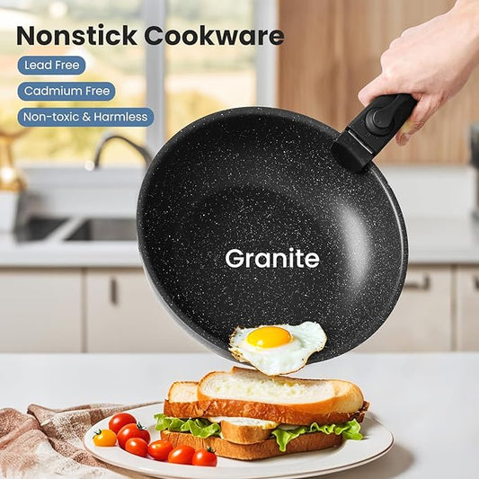 12 Pcs Pots and Pans Set, Nonstick Kitchen Cookware Sets Detachable Handle, Induction Healthy Non Stick RV Cookware, Dishwasher & Oven Safe, Black