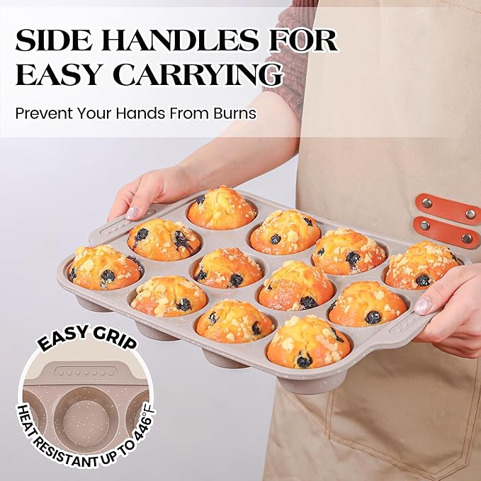 AOTASO 2 Pcs Silicone Muffin Pans for Baking with Metal Reinforced Frame, Nonstick Cupcake Tray for Oven, 12 Cups Regular and 24 Cups Mini Size Silicone Molds for Egg Bites (Brown, Cream)