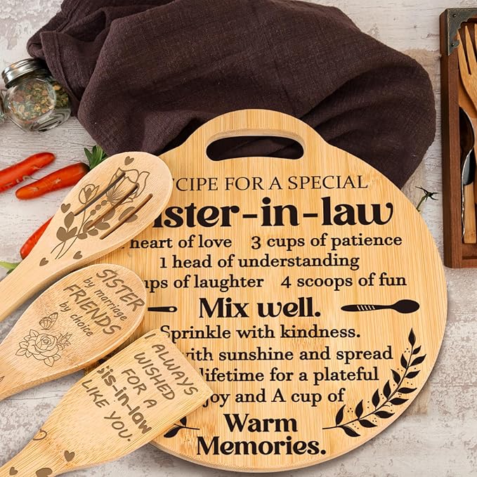 Sister in Law Gifts - Engraved Bamboo Cutting Board Set, Unique Sister-in-Law Gifts, Mothers Day Christmas Birthday Gifts for Sister in Law