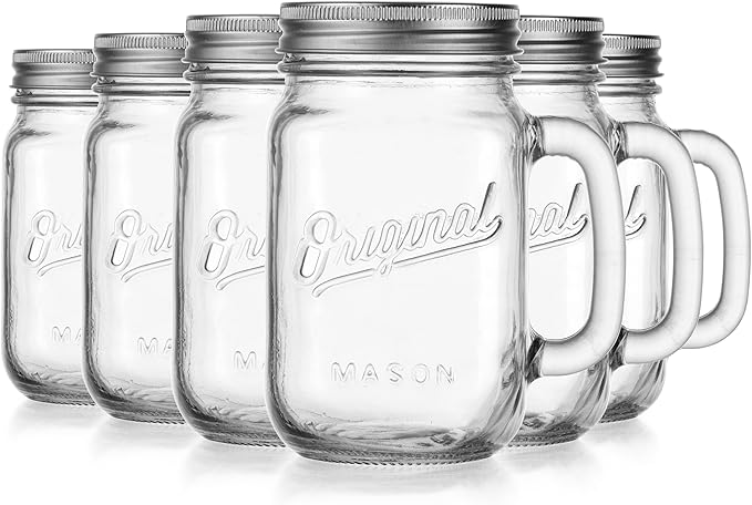 Glaver's Mason Jar 16 Oz. Glass Mugs with Handle and Lid Set Of 6 Old Fashioned Drinking Glass Bottles Original Mason Jar Pint Sized Cup Set.