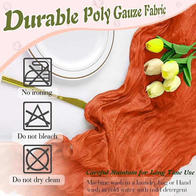 Orange Cheesecloth Table Runner 2 Pack 35" Boho Gauze 120 inches Long Runner Rustic Sheer Fabric Bulk for Baby Shower Wedding Bridal Birthday Party Picnic Table Decorations