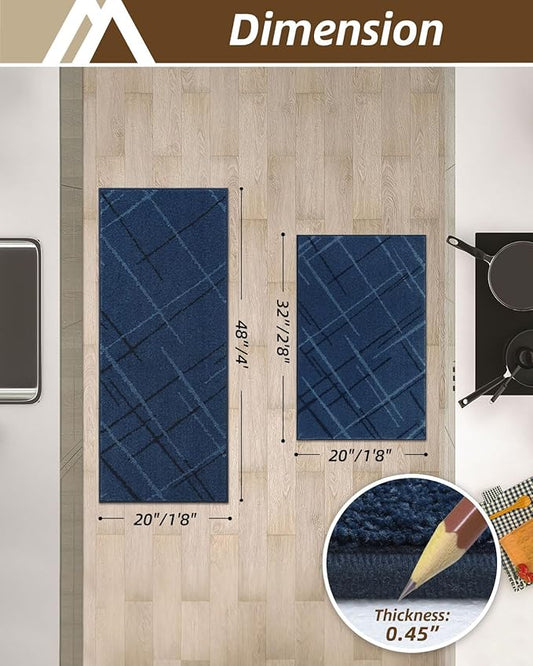COSY HOMEER Kitchen Mats, 2 PCS Kitchen Rug Non Slip Washable, Absorbent Runner Rugs for Kitchen Floor, Polyester Kitchen Sink Rug 20"x32" + 20"x48"(Blue)