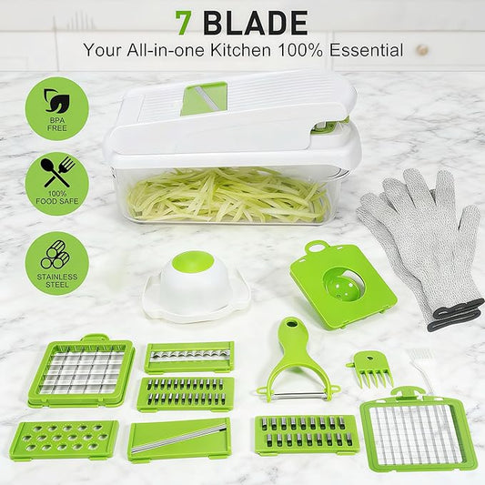 Multifunctional Mandoline Slicer with 7 Blades, Vegetable Chopper Food Cutter with Container, Onion Dicer Potato Grater Salad Prep Tool, Stainless Steel Kitchen Gadgets for Veggie Fruit (White)