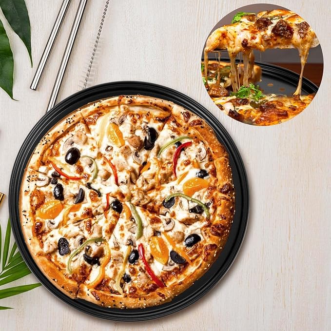 Tolare 4 Pack 12 Inch Round Pizza Pan with Holes, Pizza Tray for Oven Carbon Steel Non-Stick Platter Bakeware, Baking Pans, for Home Restaurant Kitchen Baking(Black)