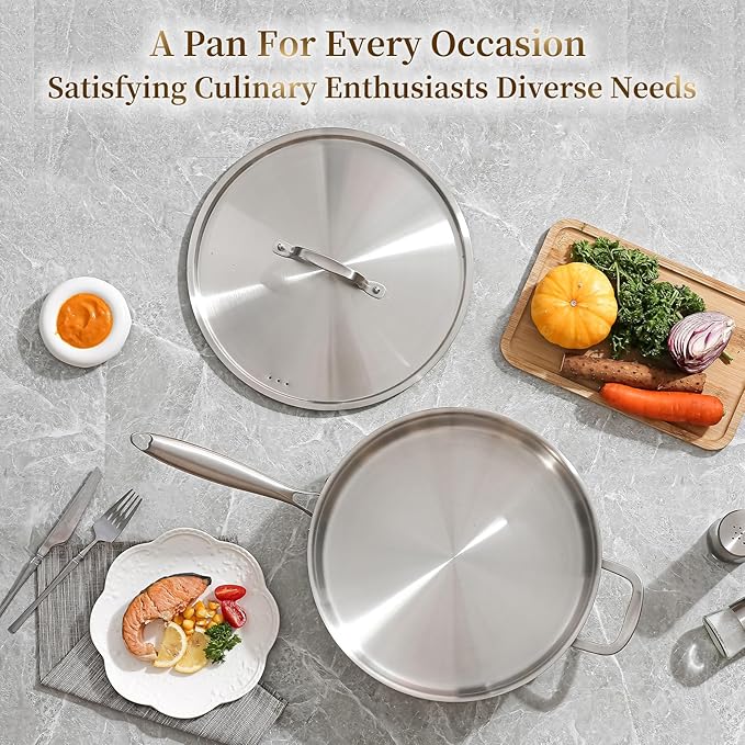 DELARLO 6QT Saute Pan Tri-Ply Stainless Steel Pan, 12Inch Deep Frying Pan with Steel cover, Kitchen Large Skillet,Heavy Duty Style Compatible With All Cooktops Up to 650℉