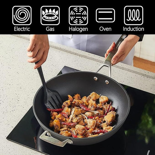 MsMk Titanium and Ceramic Nonstick Wok pan with lid,12.5 Inch Woks & Stir Fry Pans with Stay-Cool Handle,Flat Bottom Wok Suits for Induction, Electric, Gas, Halogen, All Stoves