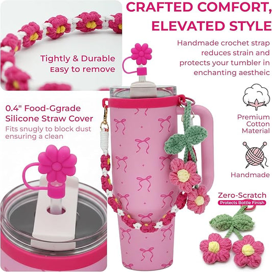 Stanley Cup Accessories Set for 40/30 oz Tumbler, Including Handle Strap, Silicone Straw Topper Cover, Charm, Original Bows Decal Sticker, Cute Birthday Gifts for Women Her Mom Daughter