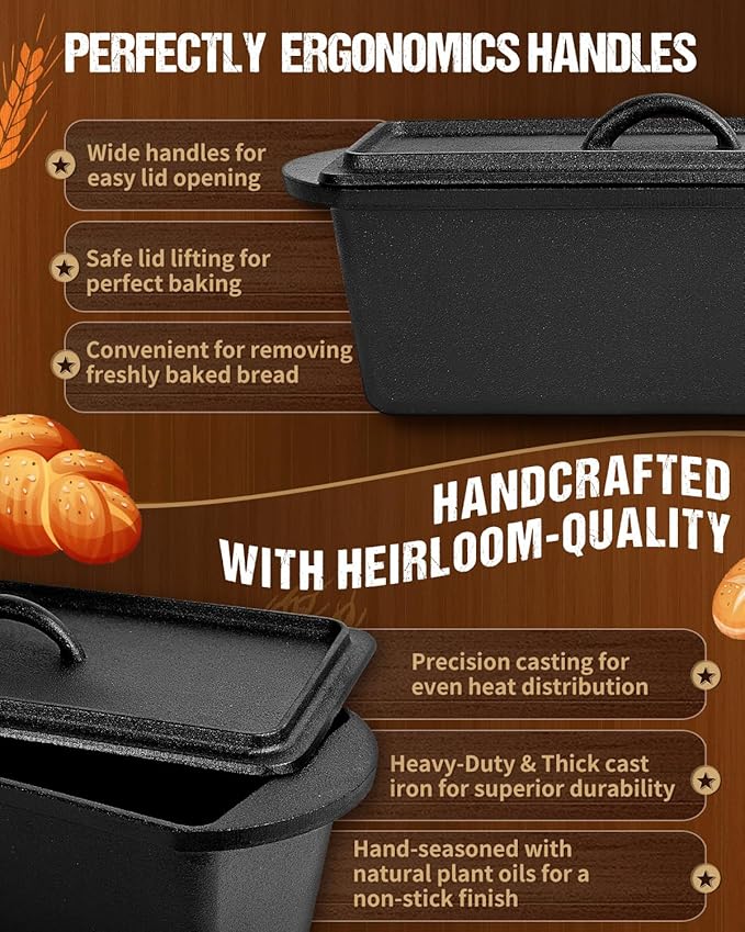 Cast Iron Bread Loaf Pan with Lid, 3.5QT, 13x5 inches, Black Nonstick Popover Pan for Sourdough and Homemade Bread, Mini Loaf Pans with Lids