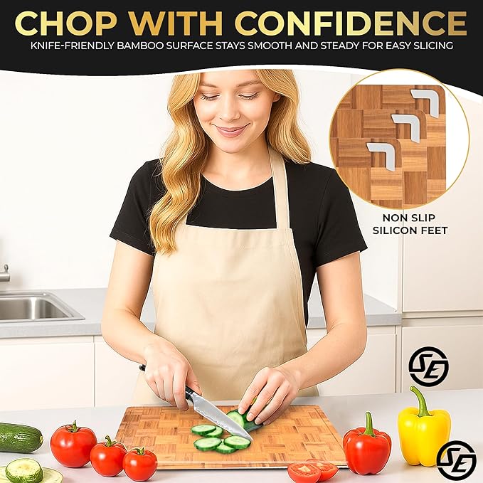 SliceElite Extra Large Bamboo Cutting Board Set 3 Piece End Grain Wooden Chopping Boards with Holder Non Slip Feet Juice Groove XL Butcher Block Style Boards for Kitchen Carving and Serving