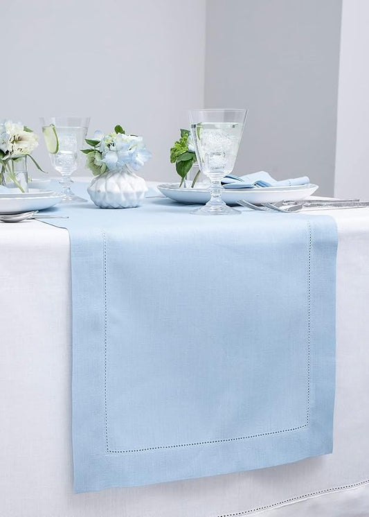 Solino Home Linen Sky Blue Table Runner 120 Inches Long - 100% Pure Linen Hemstitch 14 x 120 Inch Table Runner for Dining, Spring, Easter - Classic Hemstitch