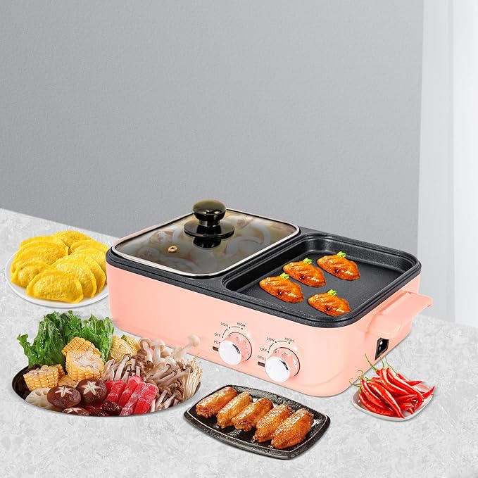 Hot Pot Electric with Grill, 2 in 1 Indoor Non-Stick Electric Pot and Griddle Yin-Yang Nonstick Skillet Indoor Smokeless BBQ Grill for Family Party, Adjustable Temperature, for 2-3 people (Rectangle)
