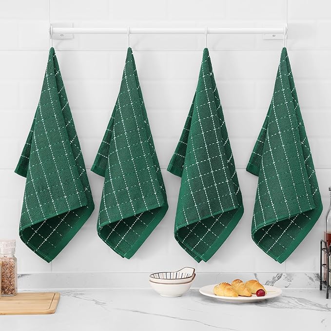Mordimy 100% Cotton Terry Cloth Kitchen Towels, Super Soft and Absorbent Dish Towels for Drying, Checkered Designed Hand Towels for Kitchen, 16 x 26 Inches, 8 Pack, Dark Green