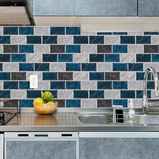 URCOLOR 10-Sheet Backsplash Tile for Kitchen Peel and Stick,12"x12" Self Adhesive Wall Tiles Stick on Back Splashes for Bathroom Blue Marble Look
