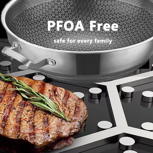 Wok,13 Inch Hybrid Woks & Stir-Fry Pans Nonstick, Large Stainless Steel Wok with Lid,Induction Non Stick Woks,PFOA Free Cookware,Dishwasher And Oven Safe