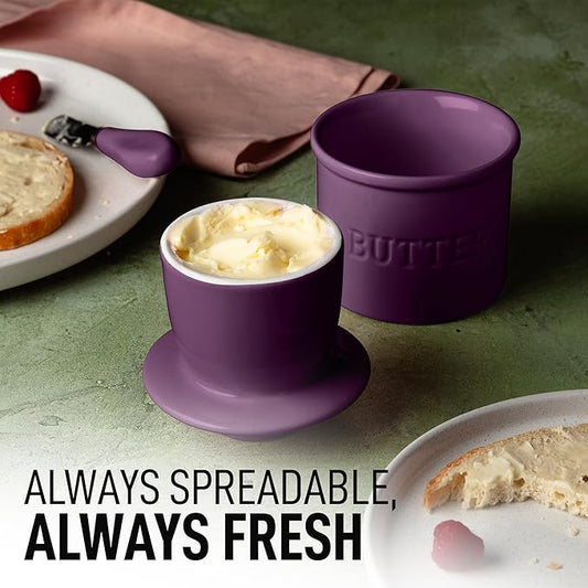 Zulay Kitchen Bell Shaped Butter Crock with Lid for Countertop with Water Line & Spreader Knife, Ceramic French Butter Dish Keeper For Fresh, Soft & Spreadable Butter - Purple