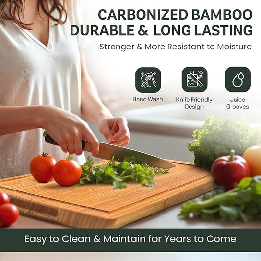 Bamboo Cutting Board for Kitchen - 16" Wooden Cutting Board with Side Handles, Deep Juice Groove, Heavy Duty Chopping Board & Serving Tray, Large Reversible Charcuterie & Cheese Board for Meat Serving