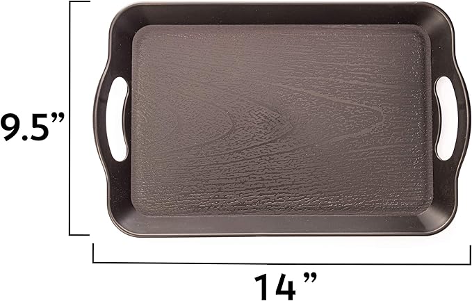 Handled Cafeteria Tray - 14" x 9" Rectangular Wood Grain Textured Plastic Food Serving TV Tray - Great for Restaurant Buffets, Diners, School Lunch, Cafe Commercial Kitchen and More (Black)
