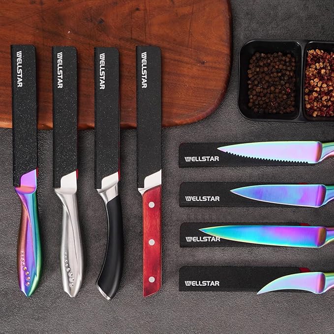WELLSTAR Steak Knife Edge Guards Set, 8 Piece Universal Blade Covers, BPA Free ABS Protective Blade Sheaths, Non-Scratch Felt Lining Kitchen Utility or Steak Knives Covers (Knives not included)