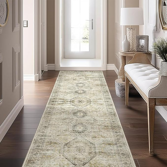 Washable Runner Rugs for Bedroom - 2x6 Runner Rug Non Slip, Ultra-Thin Entryway Runner, Soft Abstract Kitchen Runner for Hallway, Laundry, Bathroom, Indoor Door Mat(2'x6', Grey/Yellow)