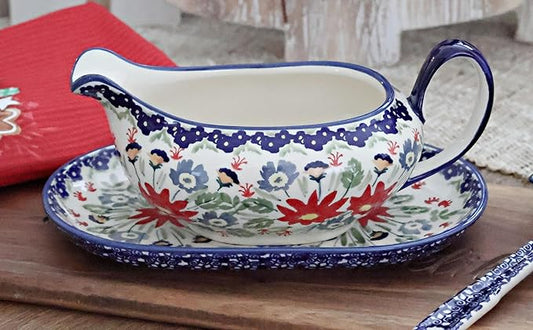 Blue Rose Polish Pottery Jungle Bouquet Gravy Boat & Plate