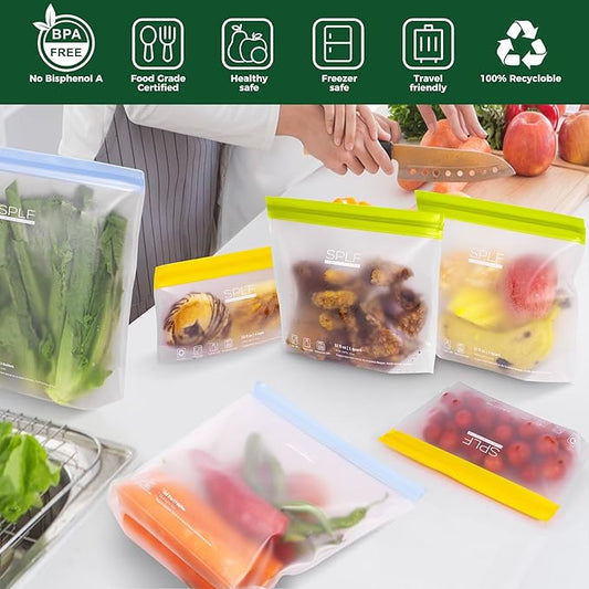 SPLF 10 Pack Stand-Up Reusable Quart Freezer Bags Dishwasher Safe, Extra Thick Leakproof 1 Quart Food Storage Bags, BPA Free Bags for Meal Prep, Sandwich, Snack, Fridge Organization