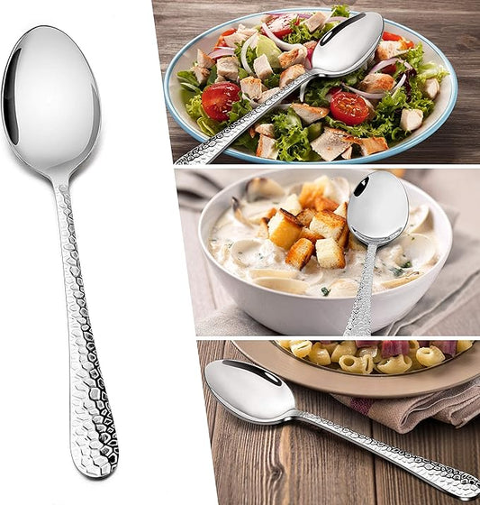 Stainless Steel Hammered Dinner Spoons Set, E-far 6-Piece Modern Silver Large Soup Spoons for Home, Kitchen, Restaurant, Round Edge & Mirror Polished, Dishwasher Safe - 7.9 Inches