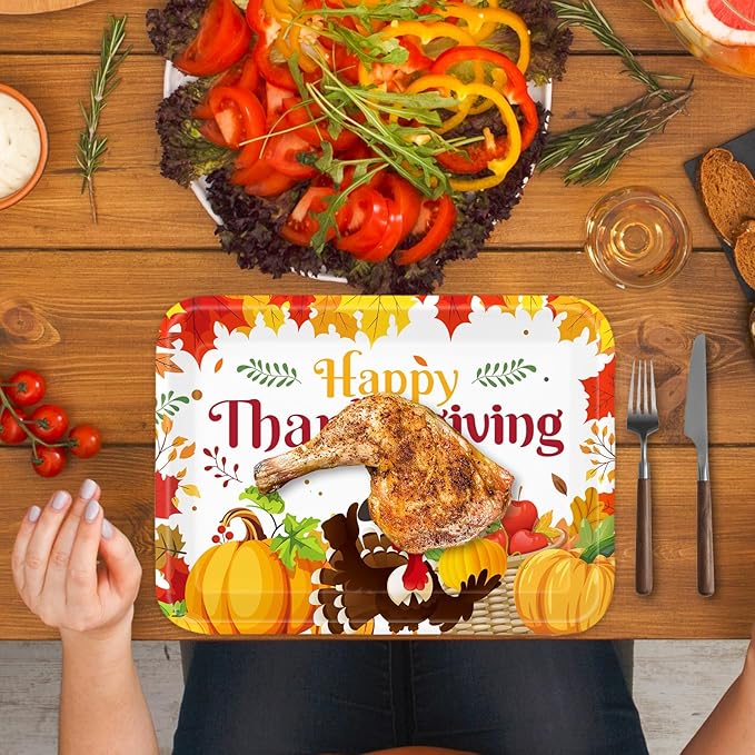 Whaline 3 Pcs Thanksgiving Day Serving Trays Turkey Pumpkin Maple Leaves Reusable Melamine Trays Platters for Fall Autumn Harvest Holiday Party Food Snack Dessert Decorations, 10 x 13 Inch
