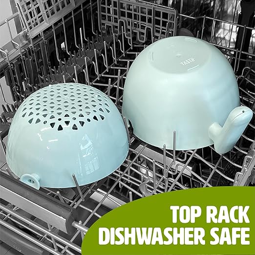 Tasty 2-in-1 Swing Bowl Colander, Built-In Strainer Basket with Handle, Kitchen Hack for Rinsing and Draining for Fruits, Vegetables, and Pasta, 2.1-Quart Bowl + 1.9-Quart Strainer, Aqua