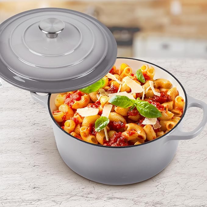 6 Quart Dutch Oven Enameled Cast Iron with Lid - Big Dual Handles - Oven Safe up to 500°F - Classic Round Pot for Versatile Cooking (Light Gray, 6 QT)