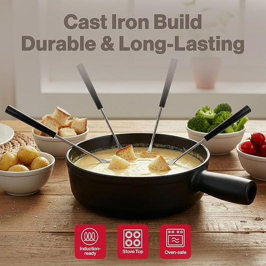Swissmar Lugano Cast Iron Cheese Fondue Pot Replacement, 1.4 QT / 1.3 L – Compatible with Swissmar Lugano Fondue Sets – Ideal for Melting Cheese, Chocolate, & Caramel – Matte Black