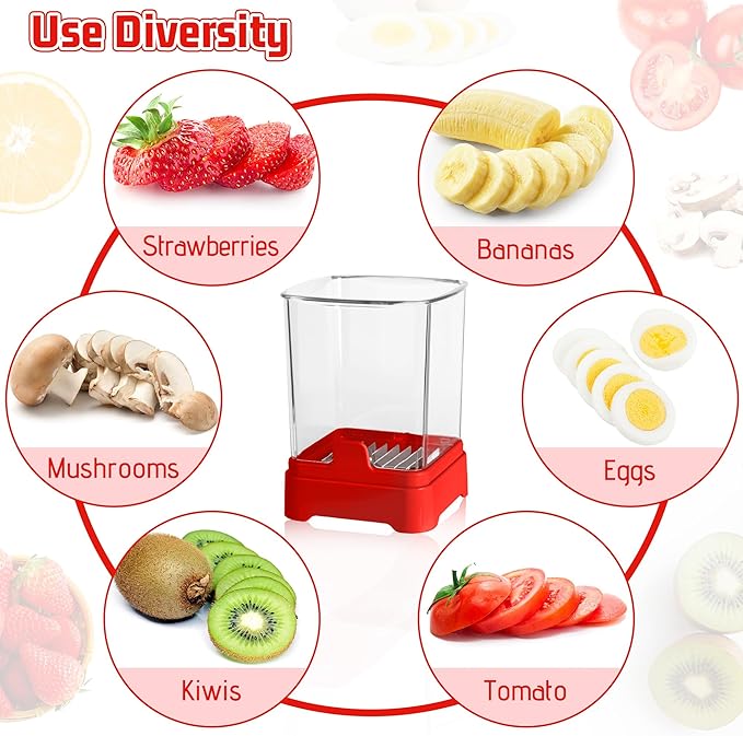2 Pack Fruit Slicer Cup for Strawberry, Banana, Hard-Boiled Egg - Detachable Cutter with Push Plate - Rapid & Safe Slicing Kitchen Gadget for Quick Meal Prep(Black + Red)