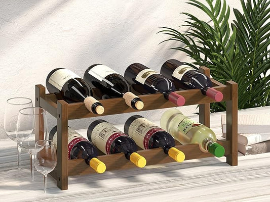 BAMEOS Bamboo Wine Rack, 2 Tier Wine Racks Countertop Storage, Wine Bottle Holder Wine Rack freestanding Floor for Kitchen, Bar, Pantry, Wine Cellar, Basement,Study,Maroon (16.85 L x 9.25W x 7H)